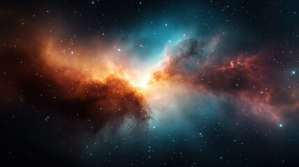 a breathtaking cosmic scene featuring a vivid nebula, casting brilliant hues of orange and blue, rem