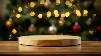 Poster - A wooden round table with a Christmas tree in the background