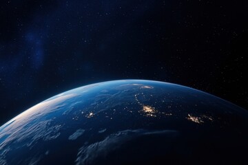 Wall Mural - The image highlights the curvature of Earth from a distance, illuminated by city lights at night, with a vast star-filled sky above, creating a serene cosmic scene