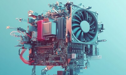 Fototapete - A computer motherboard with various components like a CPU, RAM, and a cooling fan in a 3D rendering against a blue background.