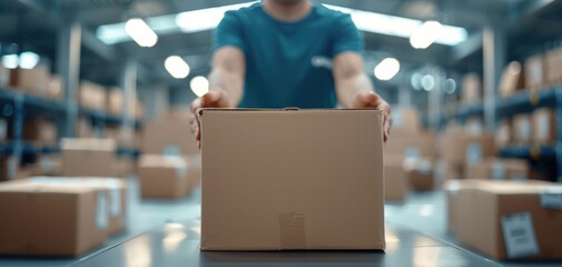 Poster - A person is handling a cardboard box in a warehouse full of stacked packages, emphasizing logistics and shipping processes.