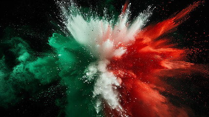Wall Mural - red, white and green powder explosion in the shape of the italian flag on a black background
