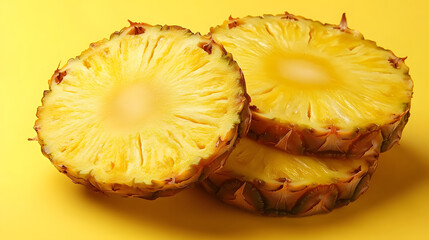 Wall Mural - Ripe pineapple and pineapple slices isolated on yellow background. tropical sweet fruit