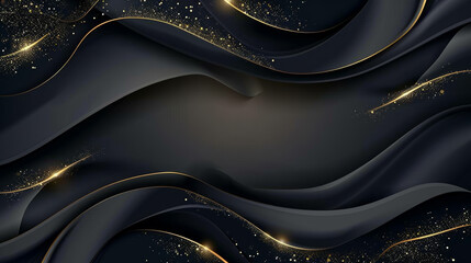 Poster - This composition features a sophisticated black background adorned with graceful, flowing curves highlighted by shimmering gold accents, perfect for creative projects