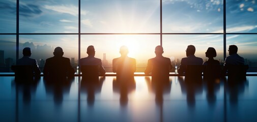 Fototapete - A group of professionals is silhouetted against a stunning sunrise, suggesting collaboration and new beginnings in a corporate setting.