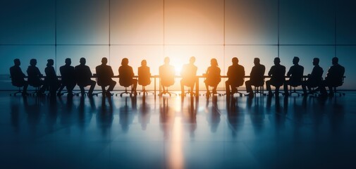 Fototapete - A group of seated individuals facing a bright light source, suggesting an atmosphere of discussion or decision-making in a corporate or formal setting.