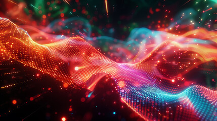 Poster - Abstract glowing waveforms with pixelated grids and holographic particles, evoking a sense of advanced cyber technology. background wallpaper 