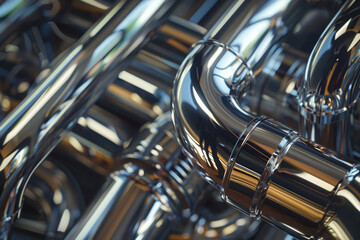 Poster - A close-up view reveals a network of gleaming metal pipes intricately connected, showcasing the elegance of industrial engineering and design