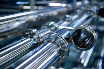 Poster - Polished metal pipes with flanges are arranged in a structured layout within an industrial environment, highlighting advanced engineering and precision manufacturing processes