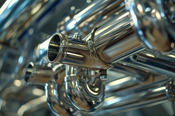 Poster - Shiny metal pipes and various fittings are displayed in a manufacturing area, highlighting intricate designs and craftsmanship essential for industrial applications