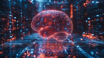 Poster - A computer generated brain with a red and orange color scheme. The brain is surrounded by a digital environment with a futuristic feel