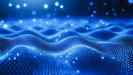 Poster - A blue wave with many dots on it. The dots are scattered all over the wave. The wave is very large and has a lot of dots