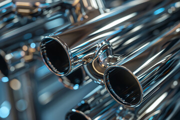 Poster - a close-up view displays shiny metal exhaust pipes, highlighting their polished surfaces and intrica