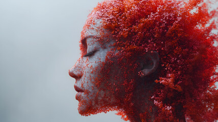 Canvas Print - A woman's face is covered in red hair and red paint. The woman's face is the main focus of the image, and the red hair and paint give the impression of a wild, untamed, and free spirit