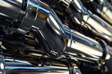 Poster - An array of shiny metal pipes is meticulously arranged, displaying the complexity of industrial engineering and design. The reflective surfaces create interesting light patterns