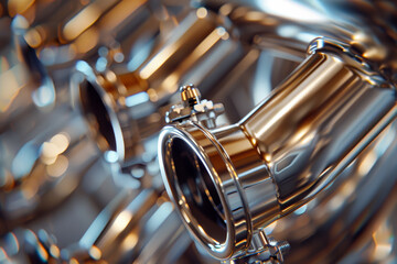 Poster - A detailed view reveals shiny, polished metal pipes connected with clamps, reflecting light in a workshop setting, emphasizing craftsmanship and engineering precision