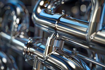 Poster - Shiny metal pipes with smooth surfaces and strong connectors are displayed, highlighting the intricacies of industrial design and engineering craftsmanship
