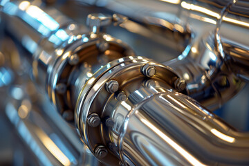 Poster - A detailed view of a stainless steel piping system in an industrial facility. The polished surface reflects light, highlighting the complexity of its connections