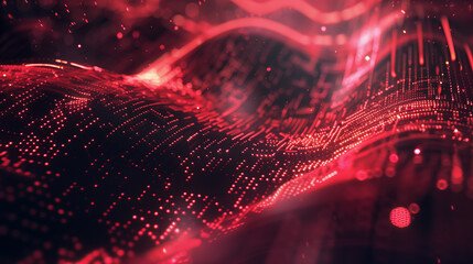 Poster - Abstract glowing waveforms with pixelated grids and holographic particles, evoking a sense of advanced cyber technology. background wallpaper 
