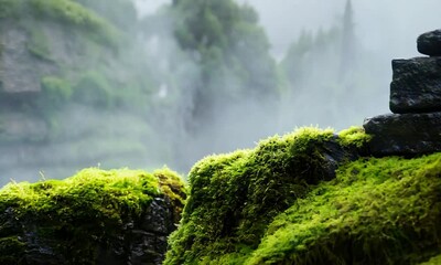 Poster - Moss-Covered Stone Wall in a Misty Forest with Lush Greenery and Atmospheric Fog