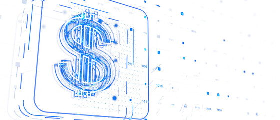 Poster - Digital dollar sign circuitry in blue on a white background, representing financial technology, electronics, and currency concepts. 3D Rendering