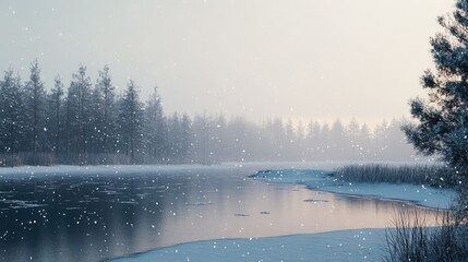 Poster - A serene winter morning with light snow falling over a frozen lake and snow-covered trees in the distance