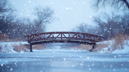 Poster - A snow-covered bridge crossing a frozen river, with snowflakes gently falling around it