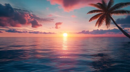 Poster - A beautiful sunset over the ocean with a palm tree in the foreground