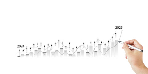 Canvas Print - Human hand holding a pen drawing a rising candlestick financial chart on a clean white background, representing business growth concept. 3D Rendering.