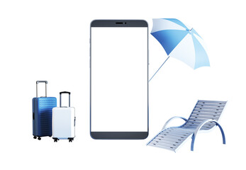 Aufkleber - Smartphone, two suitcases, beach chair, and umbrella isolated on a white background. Concept of travel and vacation planning. 3D Rendering