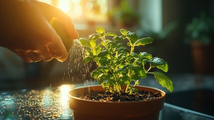 Wall Mural - A hand waters a small plant in a terracotta pot with the sun shining in the background.