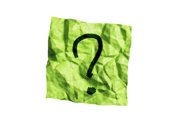 Fototapete - A crumpled green paper with a black question mark in the center, isolated on a white background, representing uncertainty or inquiry. 3D Rendering.