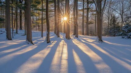 Poster - A snowy forest with rays of light breaking through the trees, casting long shadows on the ground