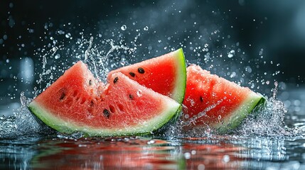 Three watermelon slices splash in water, creating a dynamic image of summer freshness.