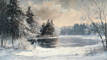 Poster - A winter scene with the frozen surface of a lake, surrounded by frosted trees and snow-covered ground