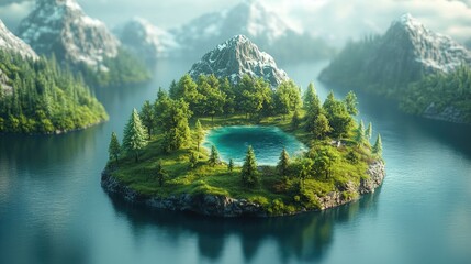 Wall Mural - A small island with a lake in the middle surrounded by snow-capped mountains.