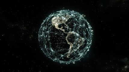 Poster - A Stunning Visualization of a Connected Earth with Digital Networks and Bright Cities Illuminated in the Darkness of Space, Representing Global Connectivity and Technology