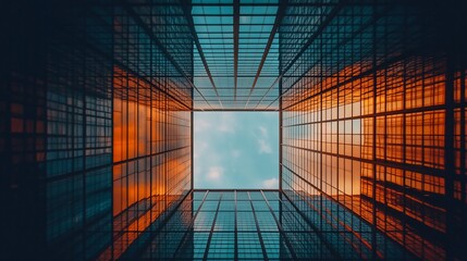 Poster - A low angle view of a building with glass windows looking up at the sky.