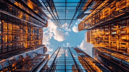 Poster - A low angle view looking up at towering skyscrapers with a blue sky and white clouds reflecting in the glass windows.