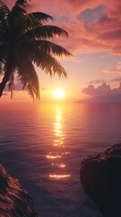 Poster - A beautiful sunset over the ocean with a palm tree in the background