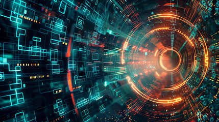 Poster - Digital matrix with hexagonal patterns, glowing edges, and rotating holographic data points, symbolizing encrypted cyber data. tech wallpaper 