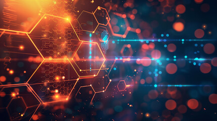 Poster - Digital matrix with hexagonal patterns, glowing edges, and rotating holographic data points, symbolizing encrypted cyber data. tech wallpaper 