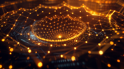 Fototapete - Digital matrix with hexagonal patterns, glowing edges, and rotating holographic data points, symbolizing encrypted cyber data. tech wallpaper 