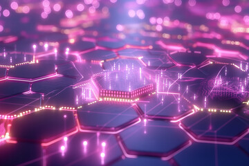 Poster - Digital matrix with hexagonal patterns, glowing edges, and rotating holographic data points, symbolizing encrypted cyber data. tech wallpaper 