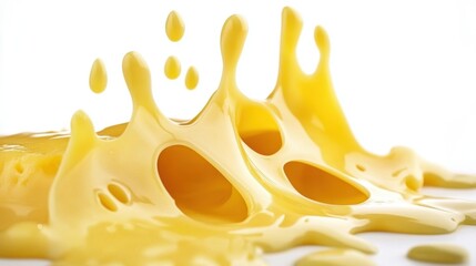 Poster - Vibrant Yellow Paint Splash and Drips on White Background Capturing Motion and Fluidity in a Bright Artistic Display Ideal for Creativity Themes and Abstract Designs