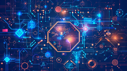 Poster - Holographic digital interface with layers of code, data graphs, and cyber security symbols, floating in a deep blue cyber space. futuristic tech background wallpaper 