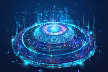  - Holographic digital interface with layers of code, data graphs, and cyber security symbols, floating in a deep blue cyber space. futuristic tech background wallpaper 