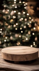 Poster - A wooden tray sits on a table in front of a Christmas tree