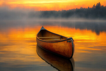 Wall Mural - A solitary canoe floats on a serene lake under a vibrant orange sunrise, with mist gently rising from the water and silhouetted trees in the background.
