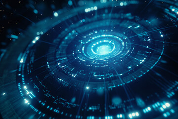 Poster - Holographic digital interface with layers of code, data graphs, and cyber security symbols, floating in a deep blue cyber space. futuristic tech background wallpaper 